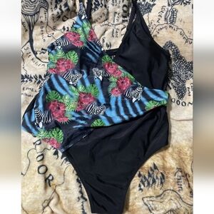 NWOT Kian D Size 2XL Black Faux Wrap Swimsuit Floral Zebra #2